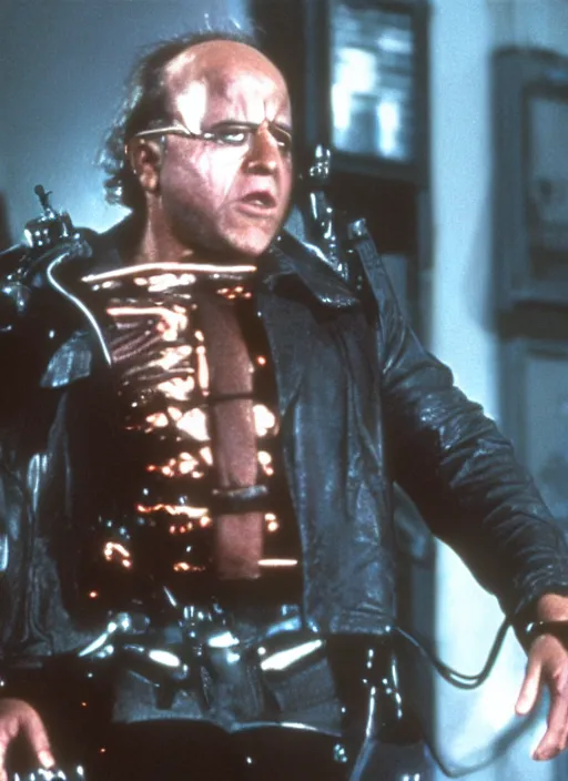 Prompt: film still of Danny DeVito as The Terminator in Terminator, 4k