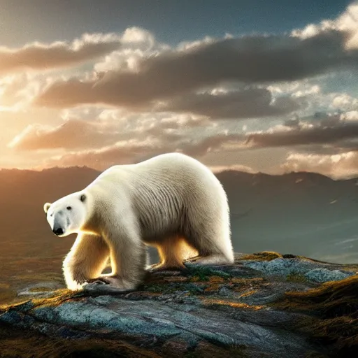 Image similar to a beautiful photo of a polar bear on a mountain, hyper realistic, natural light, concept art, cozy, atmospheric and cinematic lighting