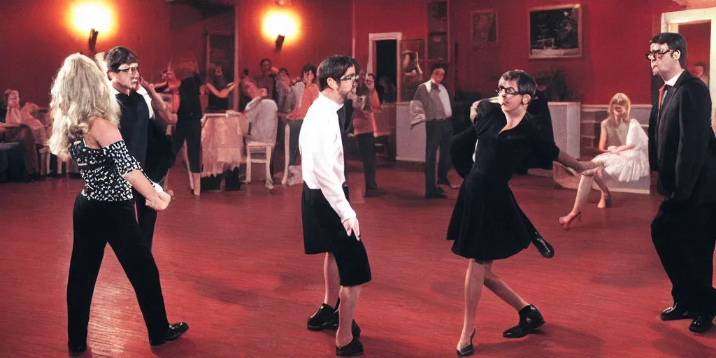 Image similar to louis theroux and laura palmer are dancing in the red room, twin peaks. in the style of david lynch, black and white zig zag floor