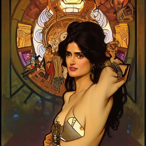 Image similar to salma hayek in a cyberpunk city bar by alphonse mucha, perfect proportions, beautiful face, perfect eyes, real life colors, elegant, sharp focus, hyper - realistic, 4 k, highly detailed, hd, dramatic lighting by brom