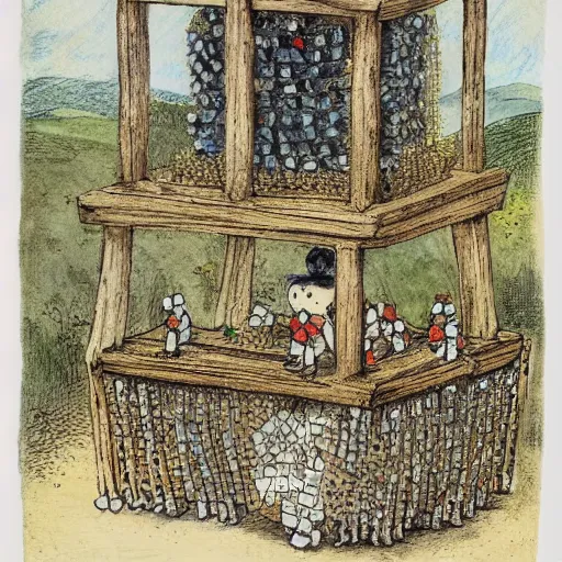 Prompt: A Weiss beer glass filled with cubes in front of a beehive-frame that has been painted on by children, children’s book illustration, by Beatrix Potter