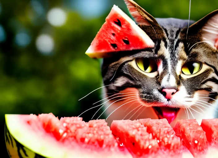 Prompt: photo of a cat wearing a helmet made of a watermelon. highly detailed 8 k. intricate. lifelike. soft light. nikon d 8 5 0 5 5 mm. dof. cinematic postprocessing.