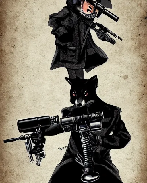 Image similar to a fox wearing a black trench - coat holding a mini - gun, comic art style, digital art,