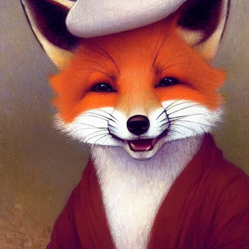 Image similar to A cute fox smiling and wearing a hat, by Robert Cleminson and William-Adolphe Bouguereau