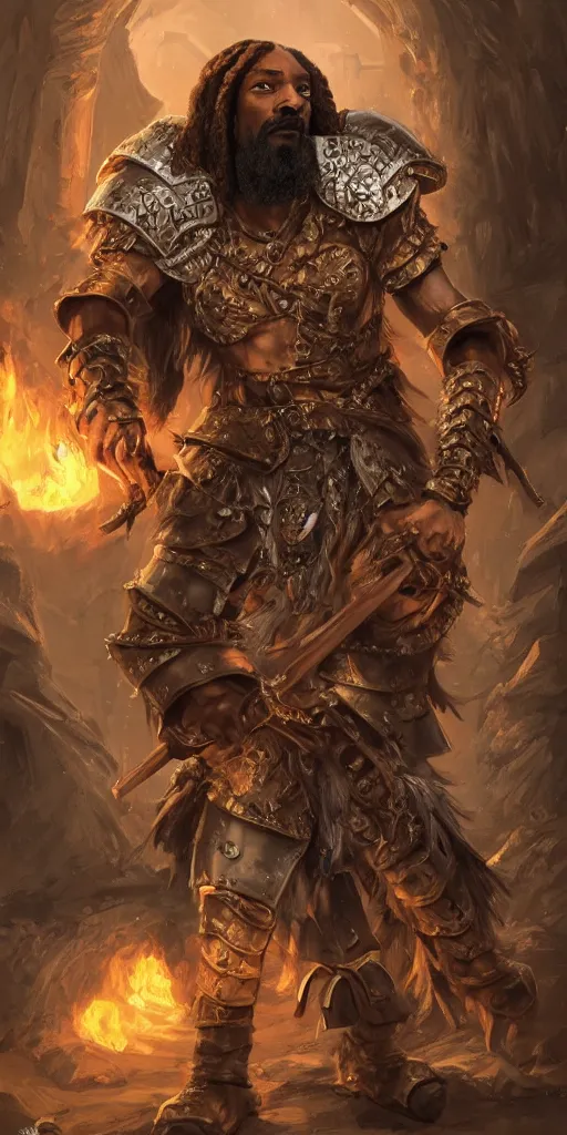 Image similar to snoop dogg as a barbarian, short beard, grumpy, plate armor, Ivan Aivakovsky, epic fantasy character art, D&D Concept Art, magic the gathering, full length, ultra Realistic, Regal, Refined, Detailed Digital Art, Exquisite detail, post-processing, masterpiece, Cinematic Lighting, Unreal Engine, 8k, HD,