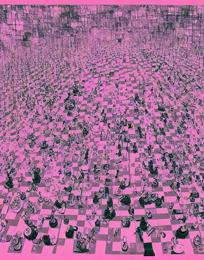 Image similar to risograph drone view of a chess explosion, void, computer glitches