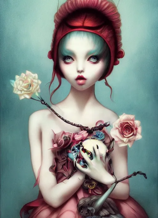 Image similar to ! dream pop surrealism, lowbrow art, realistic anime cute alice girl painting, japanese street fashion, hyper realism, muted colours, rococo, natalie shau, loreta lux, tom bagshaw, mark ryden, trevor brown style,