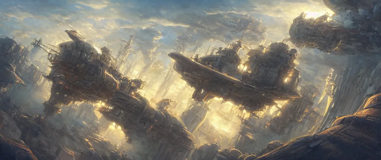 Prompt: a beautiful illustration of an airship port in a cloudpunk world by Jesper ejsing , cinematic atmosphere, establishing shot, viewed from above