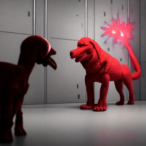 Image similar to the scp foundation mtf fighting off evil clifford the big red dog in a dark laboratory hallway, intricate, dramatic lighting, elegant, hyper realistic, smooth, highly detailed