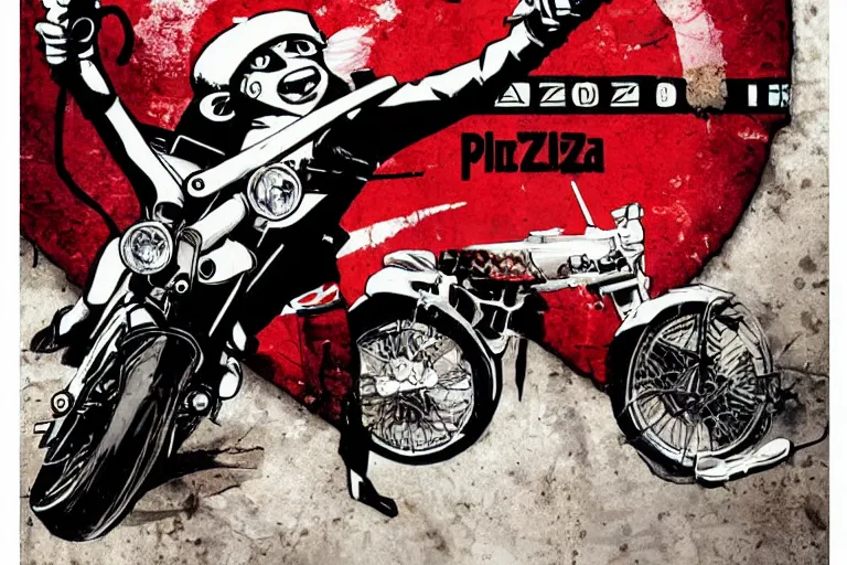 Prompt: pizza restaurant, akira's motorcycle, gorillaz, poster, high quality