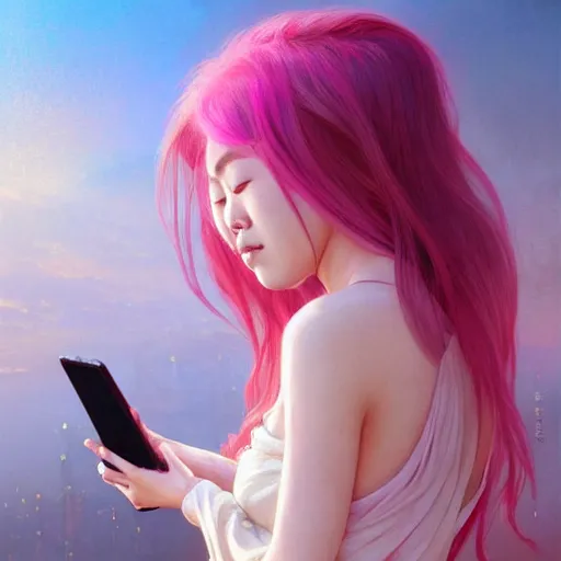 Prompt: asian girl crying while staring at her cell phone, pink hair, tokyo landscape, D&D, fantasy, intricate, elegant, highly detailed, digital painting, artstation, concept art, matte, sharp focus, illustration, art by Artgerm and Greg Rutkowski and Alphonse Mucha