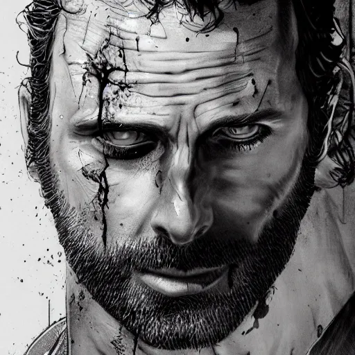 Prompt: rick grimes line art, the walking dead, medium shot, fantasy, medieval, vivid colors, elegant, concept art, sharp focus, digital art, Hyper-realistic, 4K, Unreal Engine, Highly Detailed, HD, Dramatic Lighting by Brom, trending on Artstation