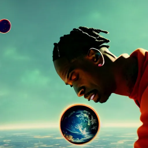 Image similar to Travis Scott sitting on a cloud over Earth, 4k, Aubrey Powell, vintage photo, beautiful cinematography, surreal, film grain