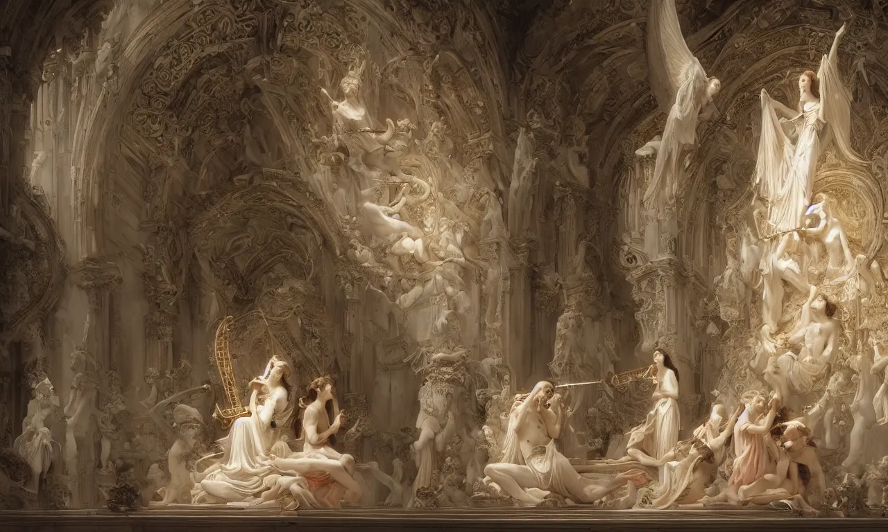Image similar to a luminous fairytale of a beautiful realistic woman playing the harp in a baroque white marble cathedral. Neon light, masterpiece 4k digital illustration by Ruan Jia and Mandy Jurgens and Artgerm and William-Adolphe Bouguereau, award winning, Artstation, Gustave Dore' background, intricate details, realistic, panoramic view, volumetric lighting, Hyperdetailed, 8k resolution, intricate art nouveau, rendered in Unreal Engine 3