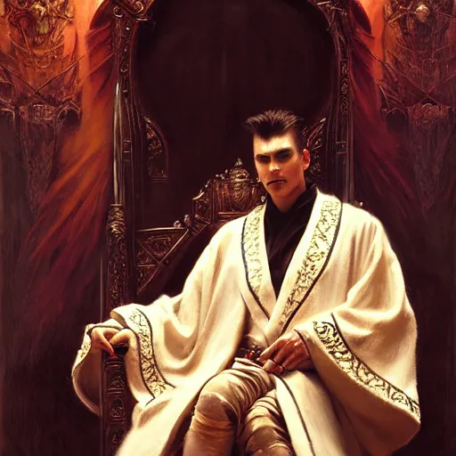 Image similar to perfectly centered portrait of attractive vampire king in a robe sitting on a throne of bones, highly detailed painting by gaston bussiere, craig mullins, j. c. leyendecker, 8 k