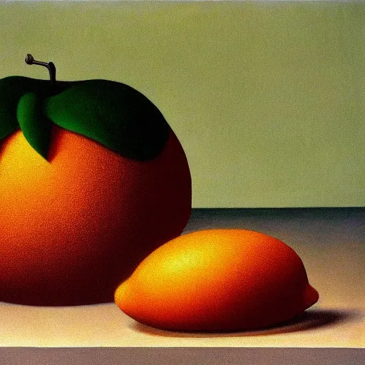 Image similar to the son of man but with an orange instead of an apple, painting by rene magritte, high detail, high resolution