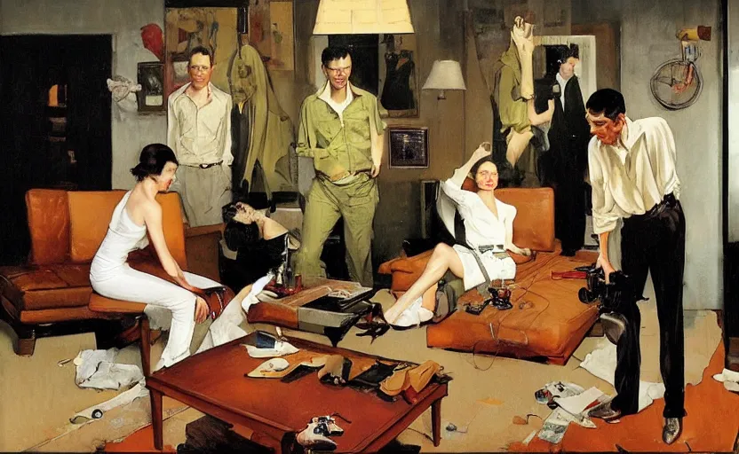Image similar to a thin man falls over whilst his wife stands on a coffee table in a dark living room, painted by phil hale and rick berry and norman rockwell and dean cornwell and tom lowell, highly detailed