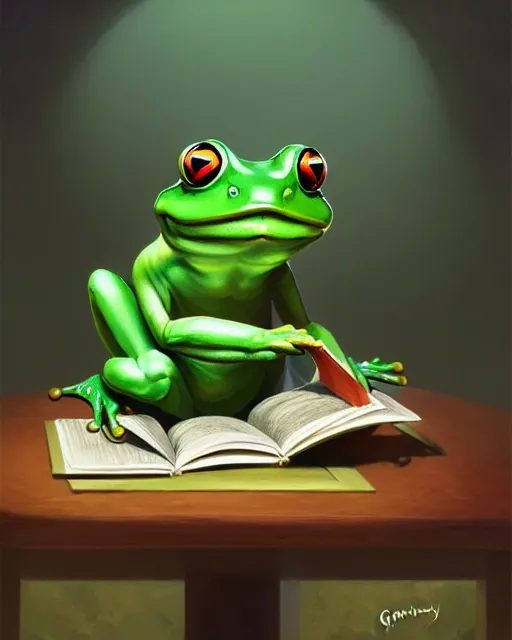 Prompt: anthropomorphic art of an elegant green frog, dressed as dendy, at the mushroom table, reading a book, by artgerm, victo ngai, ryohei hase, artstation, highly detailed digital painting, smooth, global illumination, fantasy art by greg rutkowsky, karl spitzweg, leyendecker