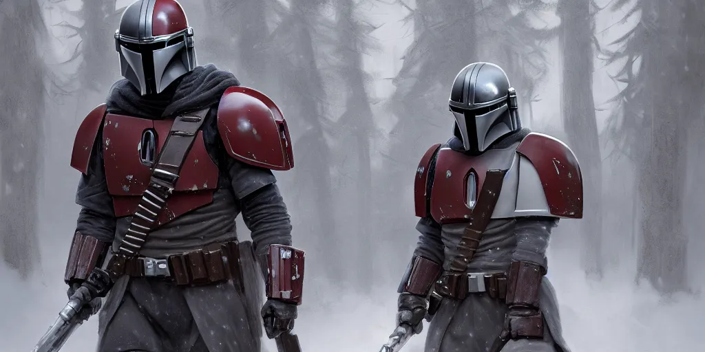 Image similar to a mandalorian with a red and grey helmet facing a long dark haired jedi man, from side view close up, in a snowy forest setting, hard edges concept art, highly detailed, great cinematic lighting, depth of field, art by greg rutkowski, trending on artstation