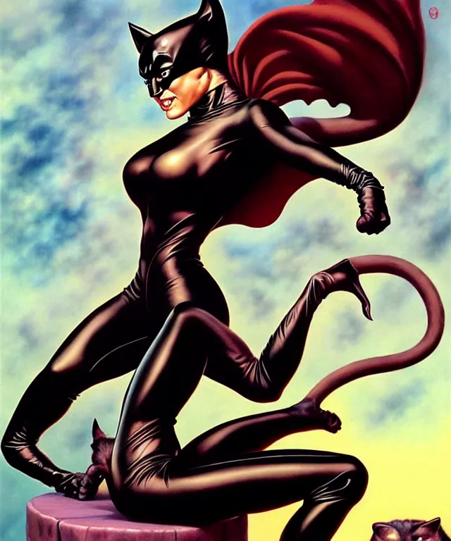 Prompt: cat woman from batman in the style of boris vallejo, hajime sorayama, peter mohrbacher, wayne barlowe, gustav moreau, bussiere, roberto ferri, santiago caruso, luis ricardo falero, austin osman spare, dali