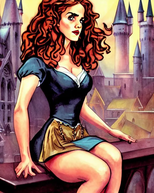 Image similar to pinup photo of hermione granger by emma watson in the crowded square of hogwarts, by enoch bolles, glossy skin, pearlescent, very coherent, very detailed