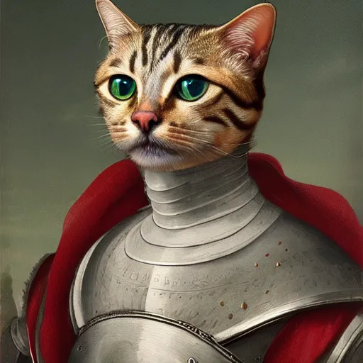 Image similar to renaissance portrait painting of a cat in a suit of armor, artstation, highly detailed