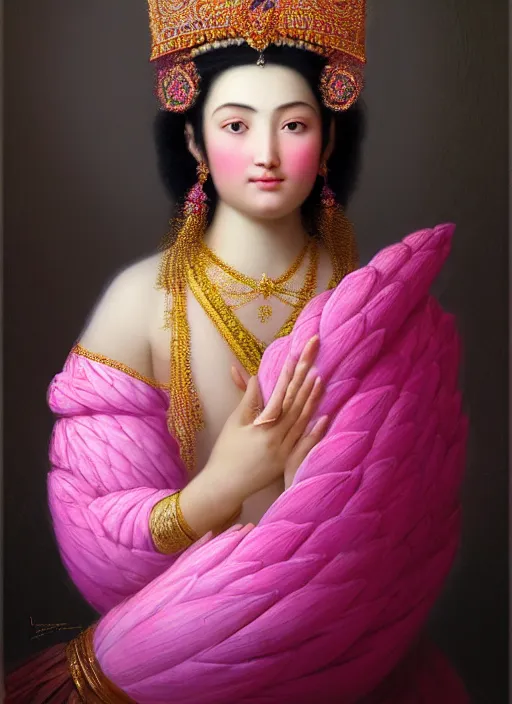 Image similar to stunning afgan godess princess, detailed pink and white protea head peace against a black backdrop by ivan aivazovsky, 3 / 4 view portrait, wlop, super sharp details, photorealism, canon 5 d, 5 0 mm lens, stunning photoshot, beautiful soft lighting, muted colours, artstation