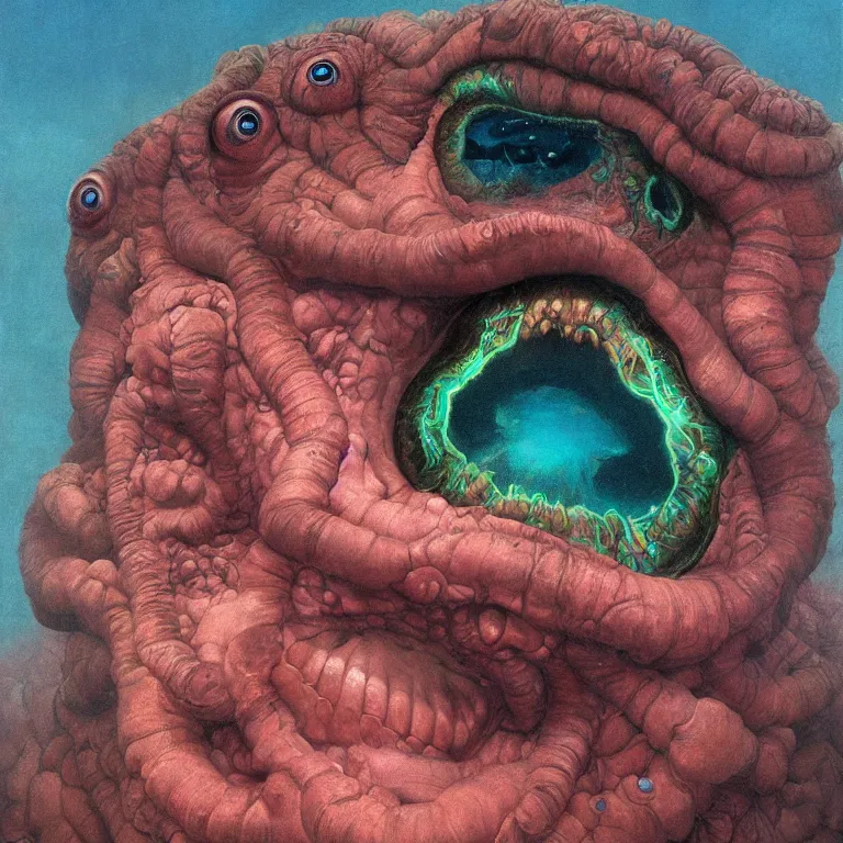 Image similar to Hyperrealistic intensely colored close up studio Photograph portrait of a deep sea bioluminescent Jonah Hill, symmetrical face realistic proportions eye contact, sitting in His throne underwater, award-winning portrait oil painting by Norman Rockwell and Zdzisław Beksiński vivid colors high contrast hyperrealism 8k