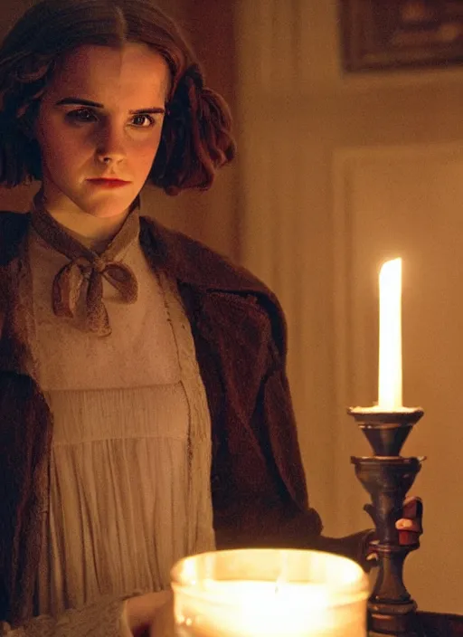 Image similar to Emma Watson as Hermione Granger in Kubrick's Barry Lyndon, natural candle lighting, movie still