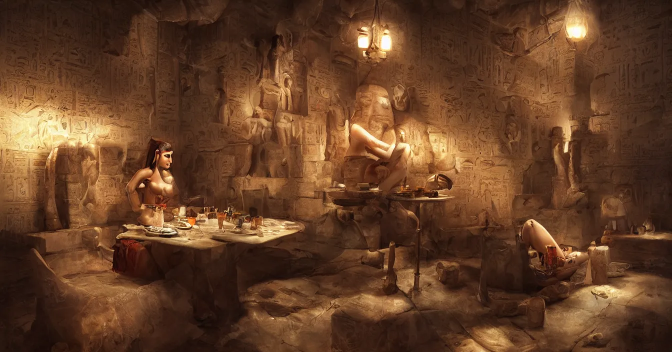 Image similar to egyptian sphinx dinner hamburger at macdonald's, photorealism, lots of detail, super sharp images, visual plasticity, shading in vray, raytracing, style of bastien lecouffe deharme