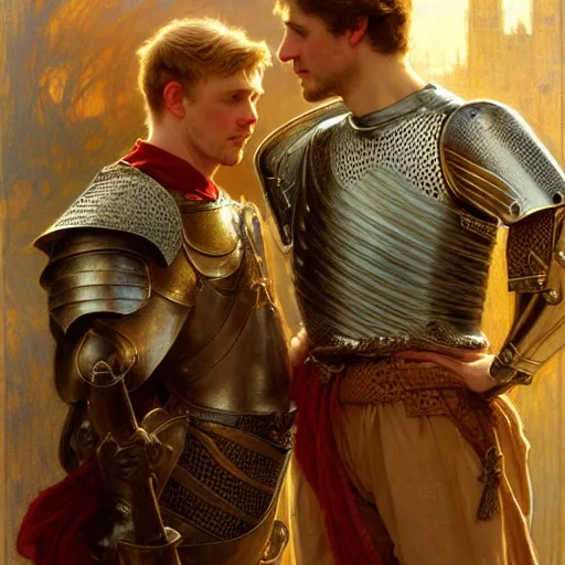 Image similar to attractive arthur pendragon and his attractive male knight, they are in love, natural lighting, path traced, highly detailed, high quality, digital painting, by gaston bussiere, craig mullins, alphonse mucha j. c. leyendecker