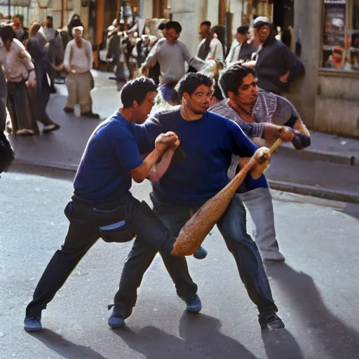 Prompt: closeup portrait of people fighting baguettes in a paris street, by Steve McCurry and David Lazar, natural light, detailed face, CANON Eos C300, ƒ1.8, 35mm, 8K, medium-format print