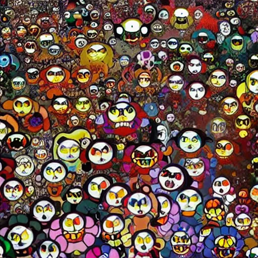 Prompt: A wide shot of a swarm of demons flying up from the depths of Hell in the style of Takashi Murakami