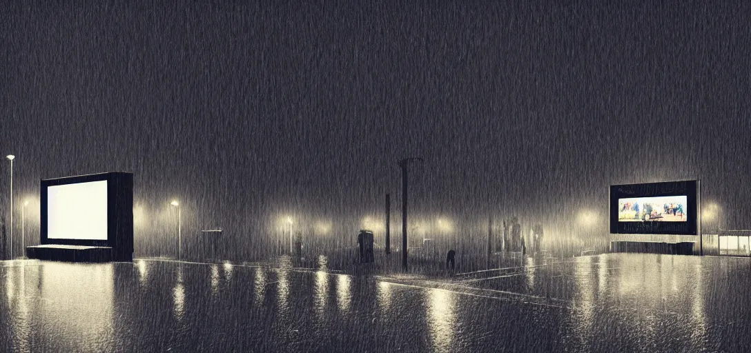 Image similar to Look of small outdoor high profile drive-in cinema, rain, night, noire moody scene, digital art, 8k, moody details