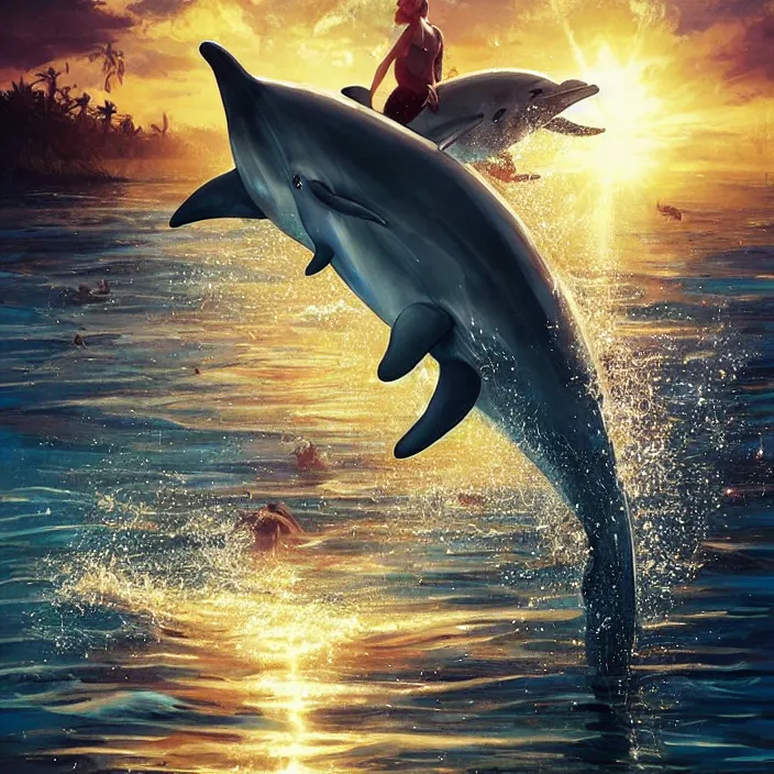 Prompt: dolphin swimming, golden hour, god rays, by artgerm and ismail inceoglu, masterpiece, beautiful, intricate, elegant, highly detailed