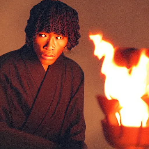 Prompt: cinematic film still of Young Thug starring as a Japanese Sensei with fire, Japanese CGI, VFX, 2003, 40mm lens, shallow depth of field, film photography