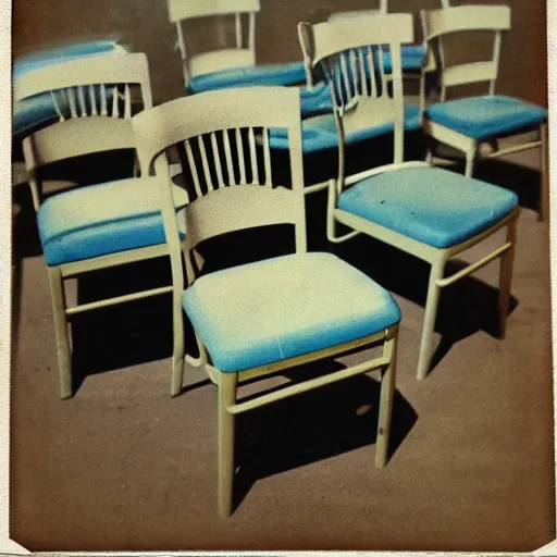 Prompt: a flock of chairs, high detail, polaroid photo