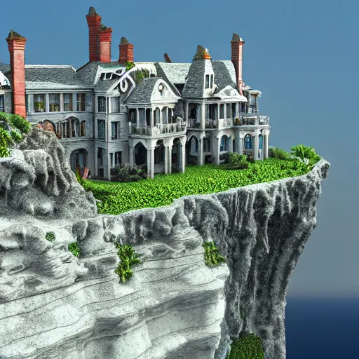 Image similar to Ultra Realistic Hyper detailed Fantasy view of a Mansion overlooking the cliffs edge where ocean waves are crashing.