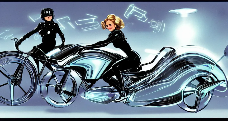 Prompt: Tuesday Weld riding TRON Lightcycle in TRON fanciful whimsical motorcycle in Concept Art by Ric Heitzman, Syd Mead