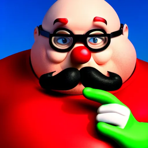 Prompt: a render of a round fat man in a red jumpsuit, wearing shiny black goggles, long pointy pink nose, long spikey moustache, bald, light brown moustache, large cartoonish hands with white gloves, evil villain grin, high tech, hdr, 4 k, he is standing over the lorax, the lorax is on the ground, 3 d