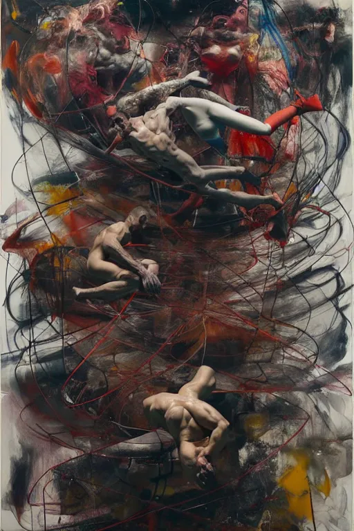 Prompt: muscular men entwined together, floating in space, zero gravity, inside a brutalist space ship, gothic, rich deep colours, painted by francis bacon, adrian ghenie, james jean and petra cortright, part by gerhard richter, part by jenny saville, part by takato yamamoto. 8 k masterpiece