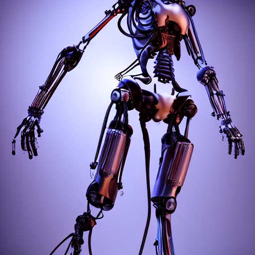 Image similar to conception of a android from a corrupted industry, liquids, cables, skeleton, robotic arm, cyberpunk style, details, studio lighting, realism, complex lights