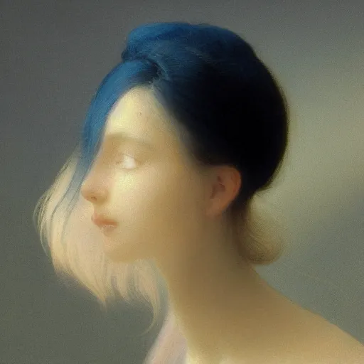 Image similar to a young woman's face, her hair is white and she wears an indigo satin cloak, by ivan aivazovsky and syd mead and moebius and gaston bussiere and roger dean and pieter claesz and paul delaroche and alma tadema and aelbert cuyp and willem claesz, hyperrealistic, volumetric light, octane render