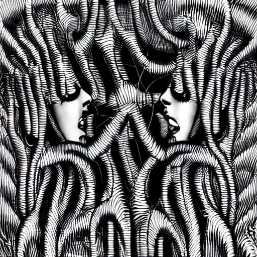 Image similar to two women kissing each other by h. r. giger and junji ito, op art with big bold patterns