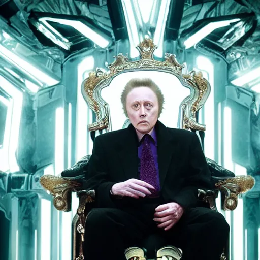 Image similar to elderly Christopher Walken as a menacing regal futuristic emperor seated on an ostentatious cyberpunk throne, cinematic lighting, backlit glow