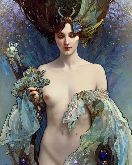 Prompt: a goddess of frost, adorned with precious stones, by jeremy mann and alphonse mucha, peter mohrbacher, james jean