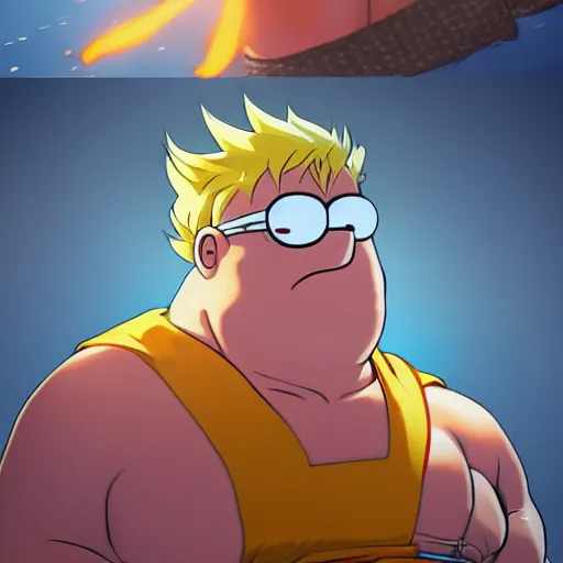 Image similar to peter griffin going super sayain, au naturel, hyper detailed, digital art, trending in artstation, cinematic lighting, studio quality, smooth render, unreal engine 5 rendered, octane rendered, art style by klimt and nixeu and ian sprigger and wlop and krenz cushart