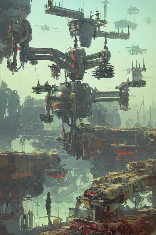 Image similar to dieselpunk concept art of a mechanised farm with drones and mechas working on it, grimy, gritty, dieselpunk trending on artstation, award winning painting, cgi, art by john berkey and anton fadeev and john howe and simon stalenhag