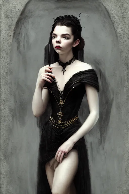 Image similar to a portrait of an elegant beautiful dark bohemian vampire woman, smooth face, glamour shot, (Anya Taylor-Joy), bored, illustration, dramatic lighting, soft details, painting oil on canvas, art nouveau, octane render, HDR, 4k, 8k, HD, by Edmund Blair Leighton, Brom, Charlie Bowater, trending on artstation,