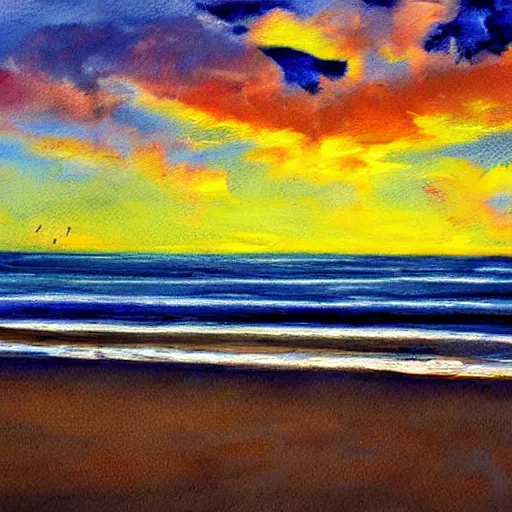 Image similar to Beach, sunset, art of Lauretta Jones